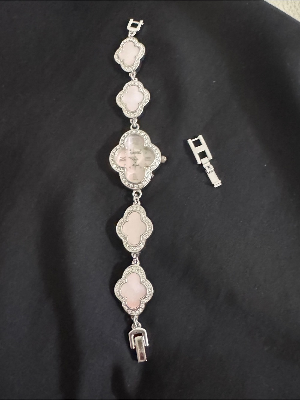 Silver-Tone Bracelet Watch with Pink Clover Links